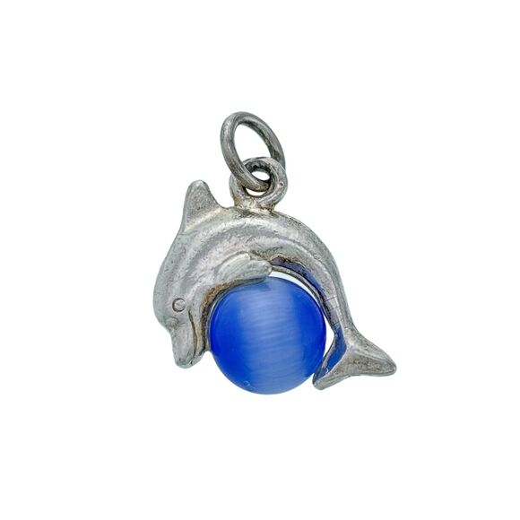 Vintage Estate Sterling Silver 925 Blue Chrysoberyl Bead Dolphin Charm Pendant - Picture 1 of 5